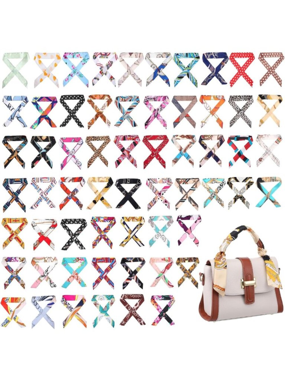 60 Pcs Handbag Scarves & Satin Headbands, Stylish Neckerchiefs for Women